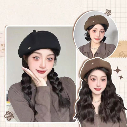 Vintage Beret Cap with Natural Wig Hair Extension