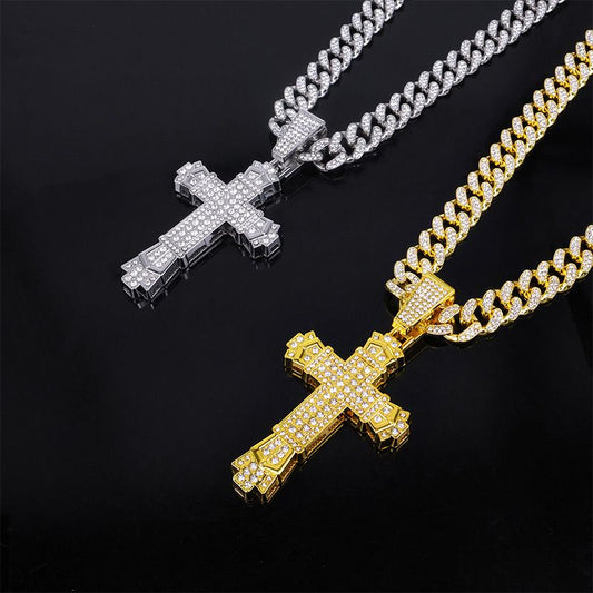 Full Rhinestone Hip-hop Bold Cross Pendant Necklace