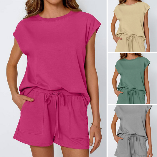💙Zeitlich begrenztes Angebot von 50 % - Zweiteiliges Set aus Damen-Top mit Rundhalsausschnitt und Shorts