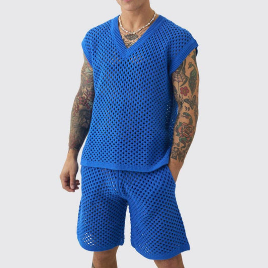 Men's Casual Hollow Out Tank ＆ Shorts 2-Piece Set