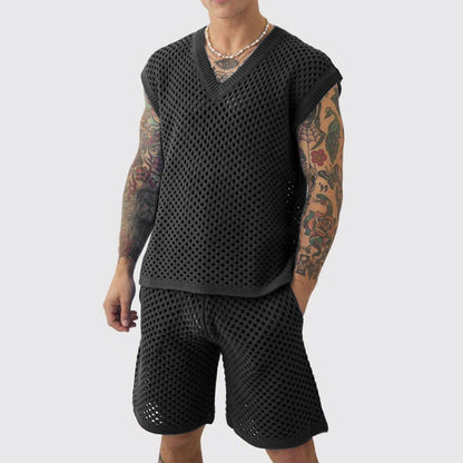 Men's Casual Hollow Out Tank ＆ Shorts 2-Piece Set